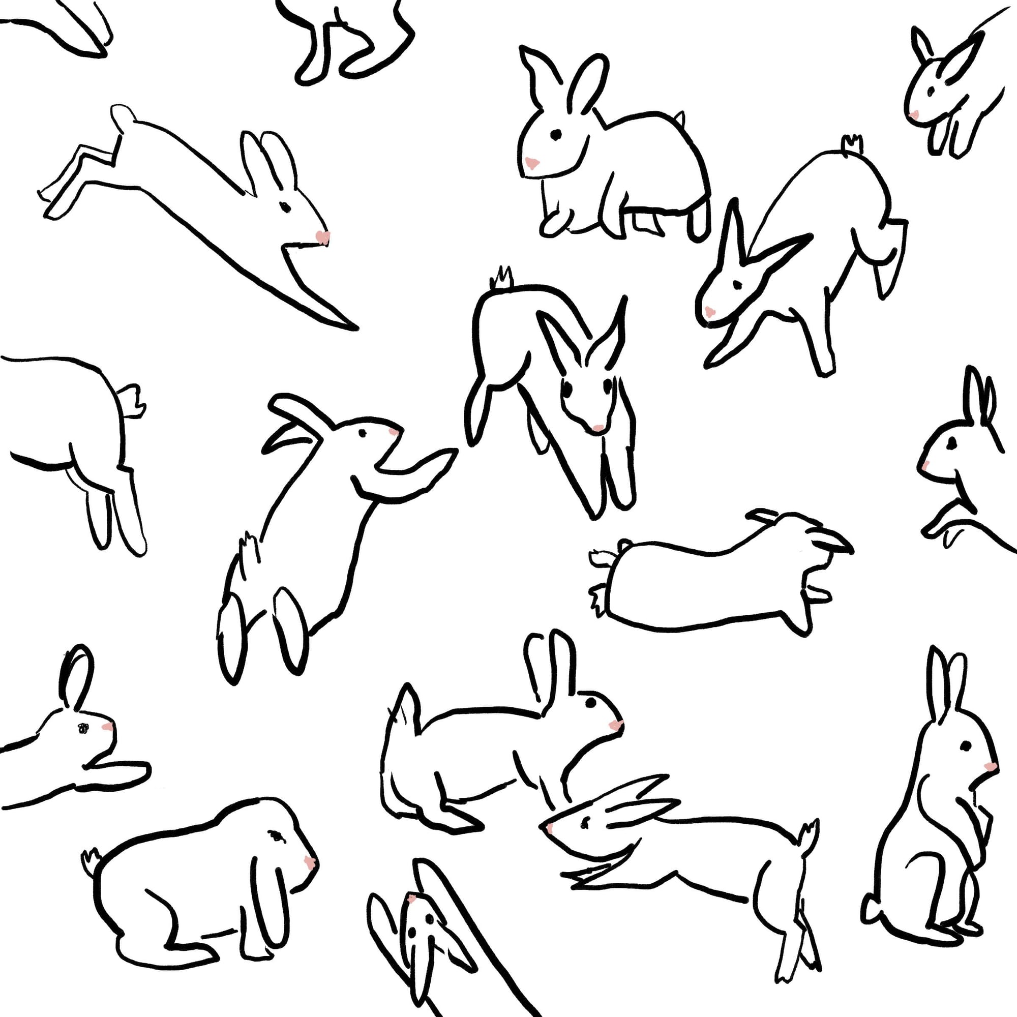 A line drawing of rabbits leaping in various poses on a white background.
